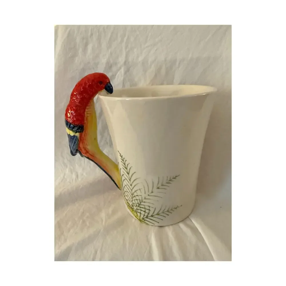 Pier1 Imports Parrot Mug 3D Bird Handle Hand Painted Stoneware Tropical 16 oz